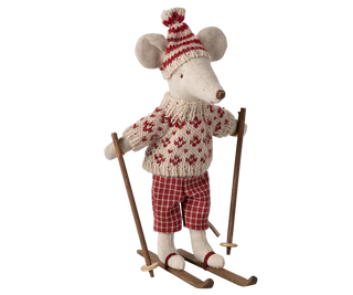 Souris en hiver et sa paire de skis - Maman - Rouge