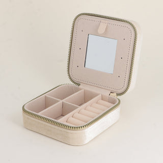 Boîte à bijoux carrée en velours beige avec miroir – Bohm Paris