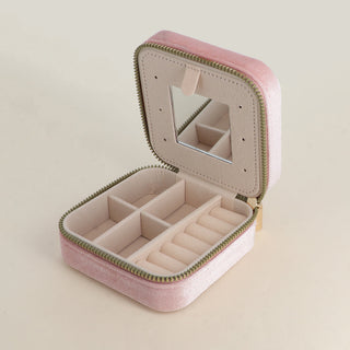 Boîte à bijoux carrée en velours rose avec miroir – Bohm Paris