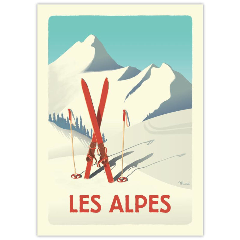 Affiche Alpes skis rouges - 30 x 40 cm - Marcel